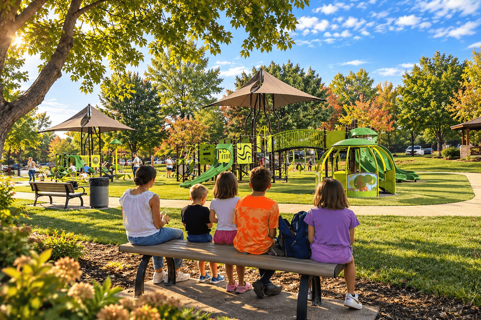 Children sitting together on a bench overlooking a playground surrounded by autumn trees