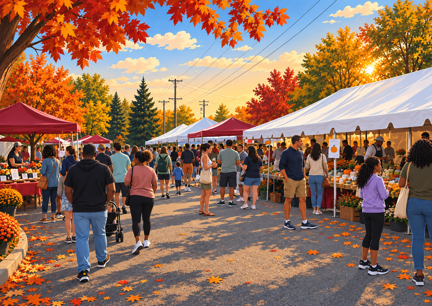 An illustrated autumn market with colorful trees and community gathering tents