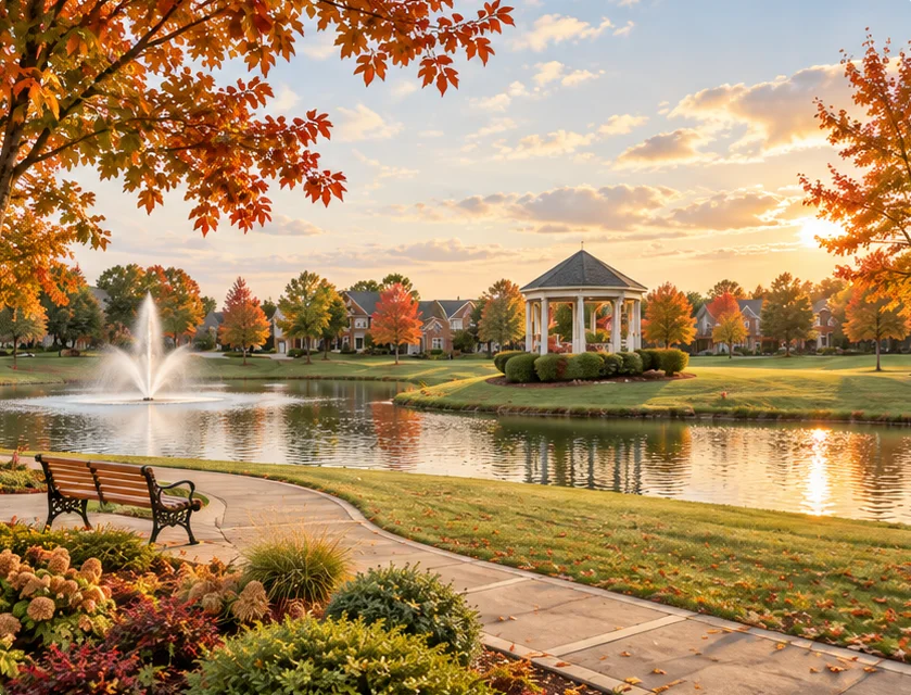Autumn trees surrounding a pond and gazebo