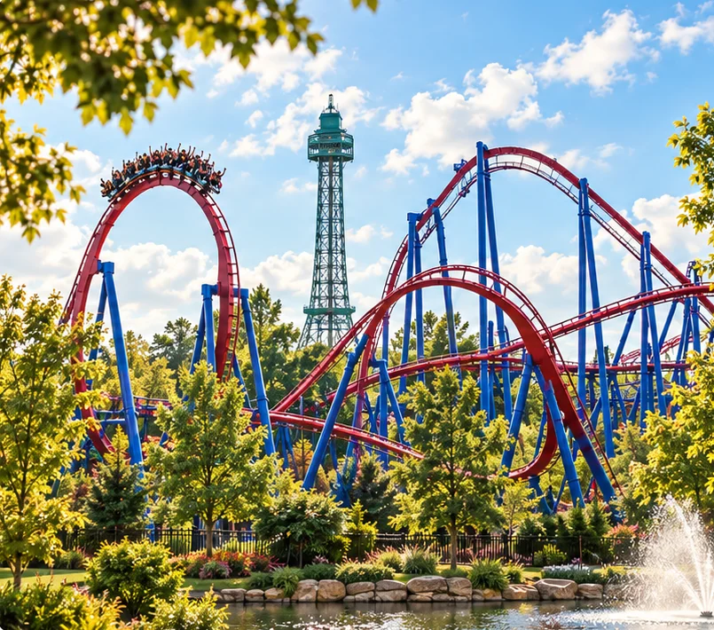 Illustrated roller coaster and observation tower surrounded by trees