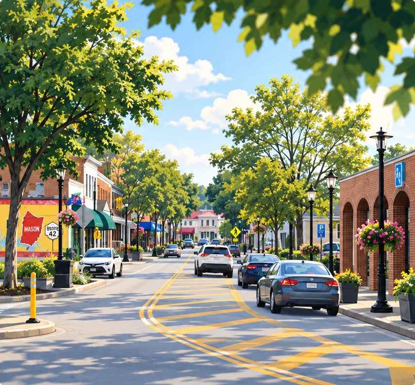 Illustrated downtown Mason storefronts along a sunny street