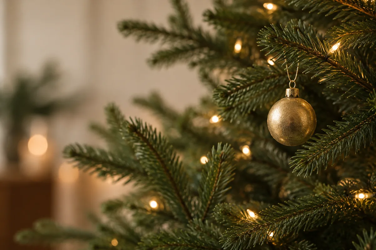 Evergreen branches with warm white lights and an antique-gold ornament