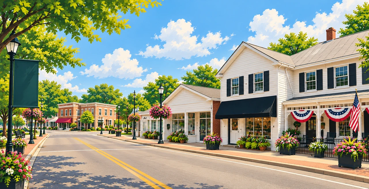 Illustrated Mason streetscape with local storefronts
