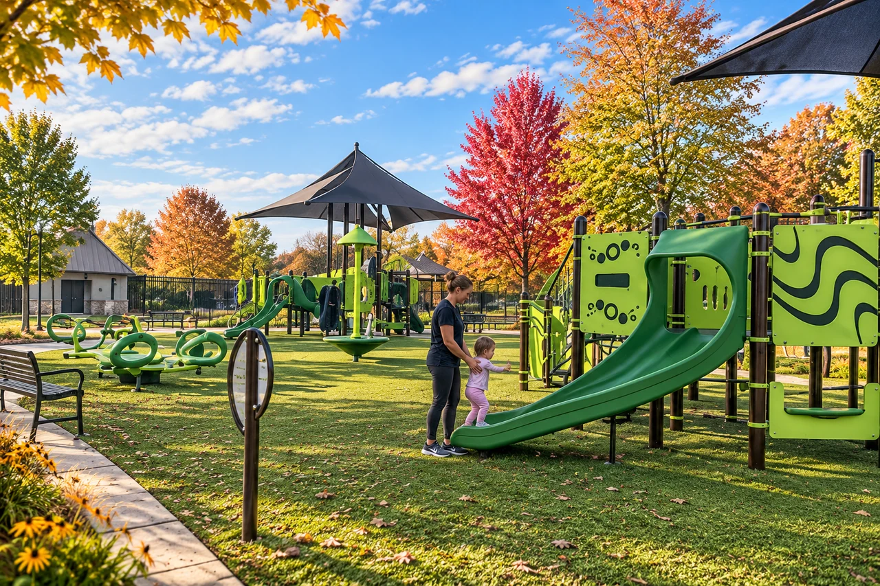 A playground surrounded by colorful autumn trees